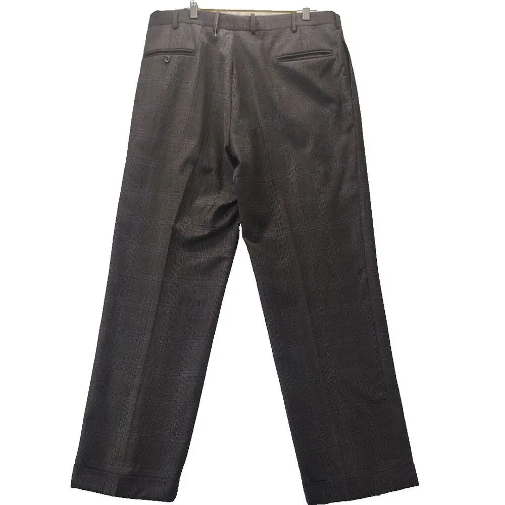 Jos A Bank Mens 40x32 Gray Blue Plaid Signature Wool Pleated Cuffed Dress Pants